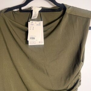 H&M Olive Green Dress Ruched Midi Dress Size M NWT